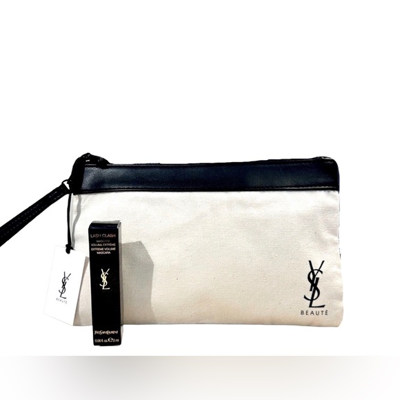 YSL Yves Saint Laurent Black Vegan Leather & Cream Canvas Bag w Blk Mascara 2 ml - Picture 2 of 16